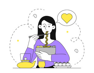 Woman with ramen. Young girl eats traditional Korean food. Person with noodles in bowl. Takeaway eating and fast food. Asian cafe or restaurant menu. Linear flat vector illustration