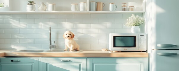 White kitchen with a dog and microwave.  Sunlight streaming through the window.