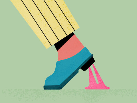 Person with sticky bubble gum on shoe