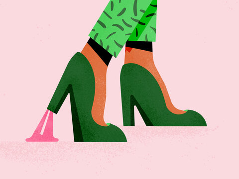 Sticky bubble gum on woman high heel