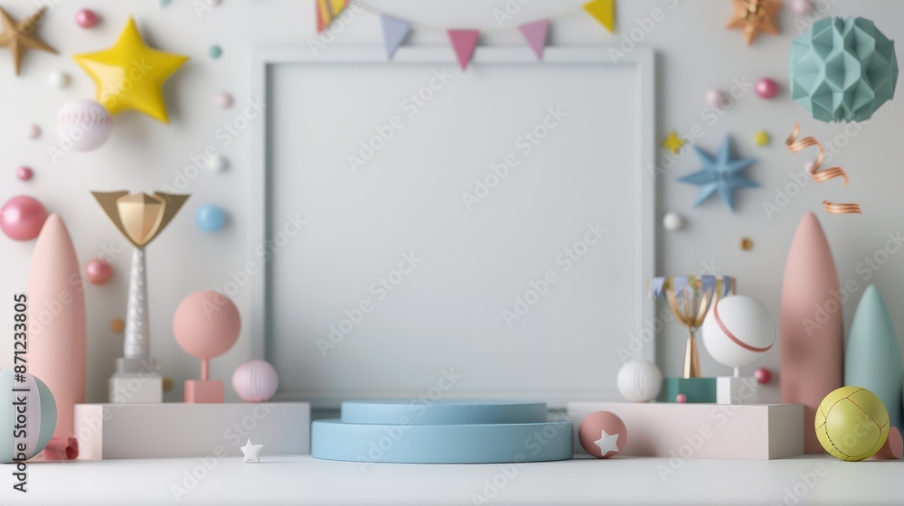 Wall mural white frame with blank space on a colorful background with 3d objects and podium. perfect for produc