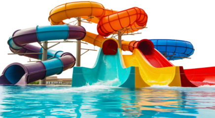 Colorful water slide spiral tube tunnel isolated on transparent background. Summer child kid aqua park amusement, holiday entertainment equipment, active ride game attraction