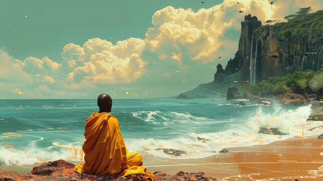  Augmented reality monk with virtual chakras, vector illustration with digital patterns, ocean waves, clean lines,  - Powered by Adobe