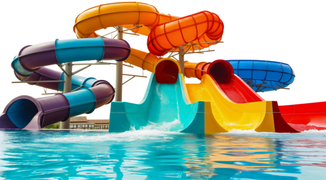 Colorful water slide spiral tube tunnel isolated on transparent background. Summer child kid aqua park amusement, holiday entertainment equipment, active ride game attraction