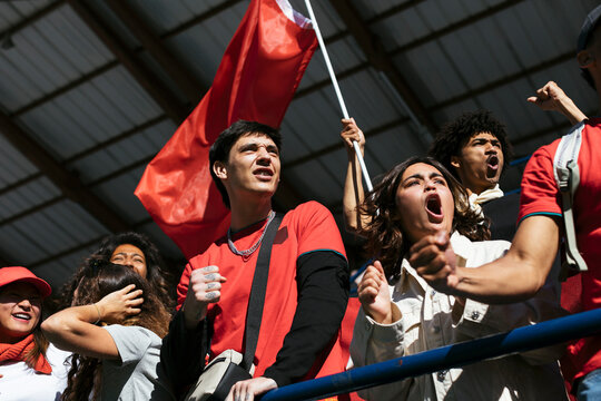 From below of excited fans cheering at a game in stadium