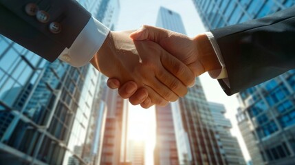 This photograph features two professionals shaking hands with a backdrop of modern city skyscrapers, symbolizing agreement, partnership, and professional cooperation.