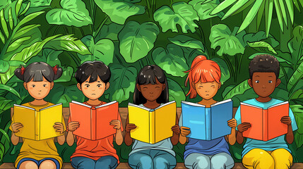 National Book Lovers Day. Children reading books at park. Children sitting in rows and reading books at the park, back to school or education learning background. Copy space
