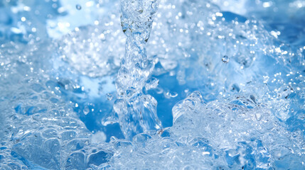 Obraz premium A close-up of clear, bubbling water splashing, with sparkling droplets and a blue background, capturing the dynamic movement and freshness of water in motion