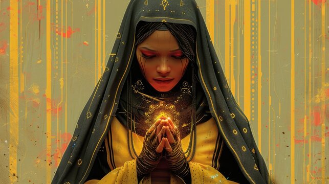 Augmented reality priestess with holographic energy, vector graphic with fractal designs, mountain range, clean lines, - Powered by Adobe