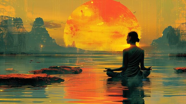  Augmented reality sage with floating chakras, vector art with digital elements, ocean horizon, clean lines, 