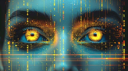 Augmented reality sage with neon symbols, vector art with sacred geometry, urban skyline, clean lines,