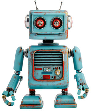 Blue retro vintage old classic rustic robot toy with antennas isolated on transparent background. Metal antique tin machine, 70s 80s childhood technology nostalgia, ancient figurine