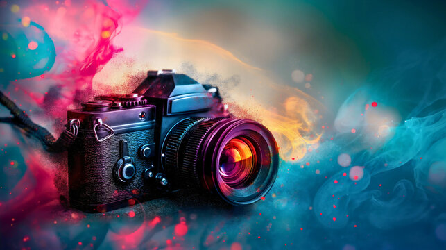 Modern technology black digital camera colorful abstract illustration background, copy space. Optical professional photographer equipment, film video lens, creative poster