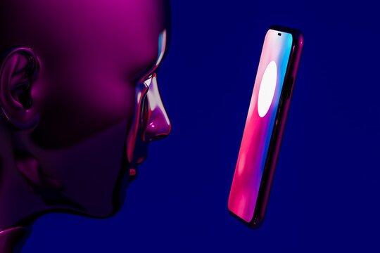 Humanoid engaging with ai on smartphone in blue light