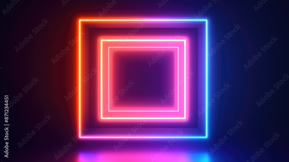 Poster abstract picture of colorful square shape portal with orange, blue, violet light reflecting set agai