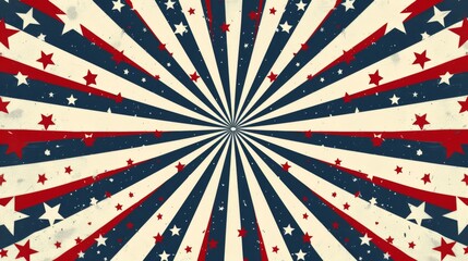 A retro-inspired starburst pattern in the American flag colors with central stars and stripes, capturing vintage charm and historical elegance for a nostalgic feel.