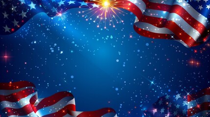 A festive celebration of American pride with an image of the flag amidst fireworks and sparkles on a blue background, symbolizing joy, freedom, and national spirit.