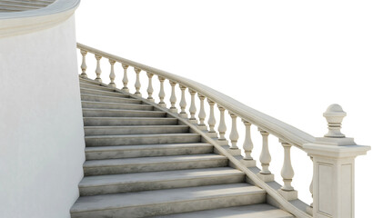 Outdoor white railing stone staircase fence isolated on transparent background. Urban building architecture climbing way up, travel construction structure
