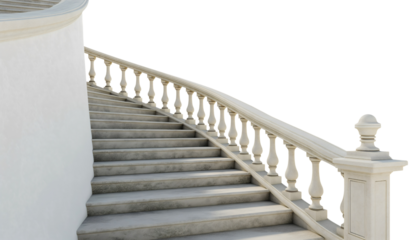 Outdoor white railing stone staircase fence isolated on transparent background. Urban building architecture climbing way up, travel construction structure