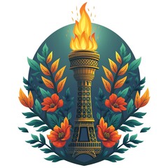 Olympic Fire Logo Design. Symbol of the 2024 Summer Olympics, sport games concept. Olympic torch with Flame on the Eiffel Tower icon in Paris, France. Illustration isolated on white background