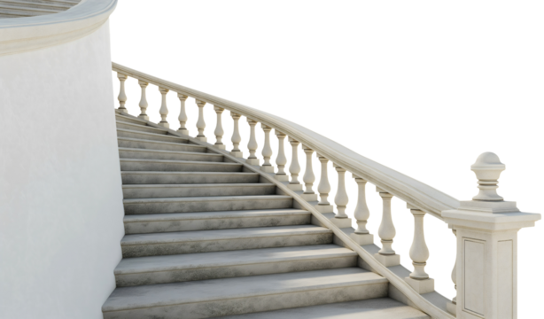 Outdoor white railing stone staircase fence isolated on transparent background. Urban building architecture climbing way up, travel construction structure