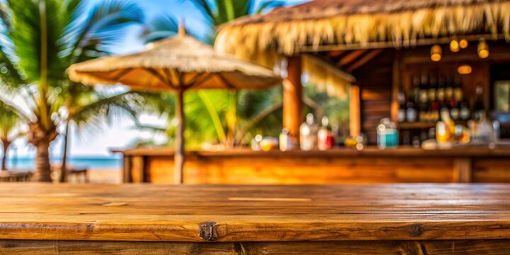 Tropical Beach Bar at Sunset. This image depicts a rustic, wooden beach bar set against the backdrop of a tropical paradise.  Perfect for showcasing your product or message with a touch of paradise.