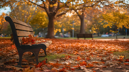 Nobody on wooden bench in an empty outdoor outside autumn fall season park nature. Copy space, yellow orange tree leaf or leaves, September October garden landscape, peaceful tranquil forest foliage