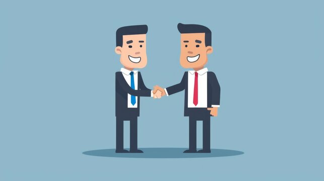 An animated image of two cartoon businessmen in suits shaking hands on a blue background, symbolizing agreement, partnership, and professional collaboration with friendly expressions.