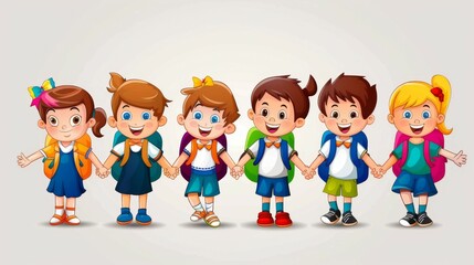 A lineup of six cheerful cartoon children, each holding hands and smiling, dressed in colorful outfits and backpacks, symbolizing friendship and unity.