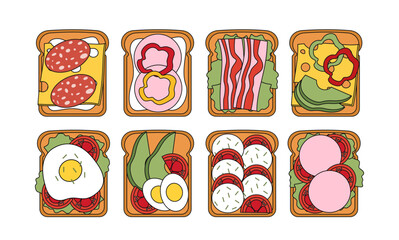 Set of sandwiches. Fried bread with vegetables and eggs. Healthy morning breakfast. Healthy eating and proper diet, nutrition. Linear flat vector collection