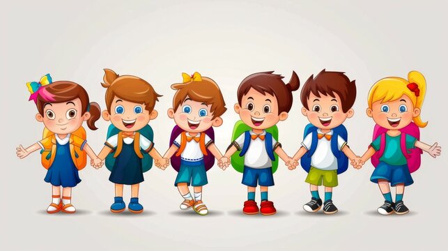 A lineup of six cheerful cartoon children, each holding hands and smiling, dressed in colorful outfits and backpacks, symbolizing friendship and unity.