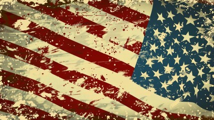 Fototapeta premium A vintage grungy American flag with a unique splattered paint effect, showcasing the classic stars and stripes in a weathered, artistic style representation.