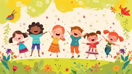 Fototapeta premium An illustration of joyful children dancing and laughing together in a vibrant garden filled with flowers and greenery, symbolizing happiness, freedom, and childhood joy.