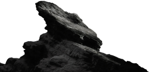 Black shadow silhouette of mountain cliff rock stone isolated on transparent background. Outdoor rocky nature high boulder peak or top, hiking adventure terrain edge, geology formation