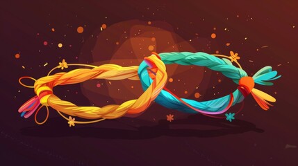 This image features a vibrant depiction of colorful braided ropes intertwined together, symbolizing unity and connection. The background has a warm, abstract design with scattered specks.