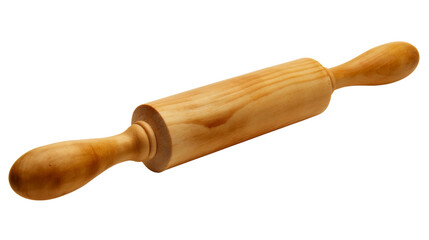 Closeup of wooden rolling pin isolated on transparent background. Home kitchen or bakery dough flour pastry food cooking equipment tool, culinary baking preparation utensil, traditional accessory