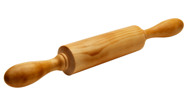 Closeup of wooden rolling pin isolated on transparent background. Home kitchen or bakery dough flour pastry food cooking equipment tool, culinary baking preparation utensil, traditional accessory