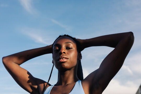 Portrait of an Afro-European woman with diastema posing confidently