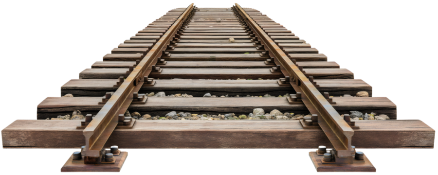 Railway railroad isolated on transparent background. Locomotive train travel and transportation road journey, old metal metro tourism platform object