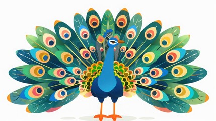 Colorful digital illustration of a peacock with vibrant, detailed plumage fanned out against a white background.
