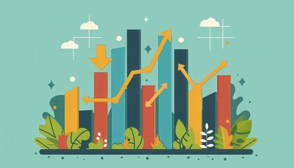 Naklejka premium Colorful infographic chart with data visualization elements, showcasing statistical trends, arrows, and bar graphs on a turquoise background.
