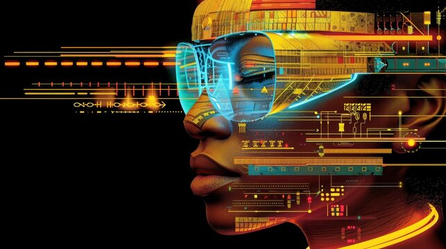 Cyber yogi with floating symbols, vector art with fractal patterns, ocean horizon, clean lines,