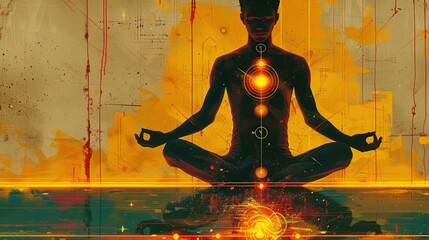  Cyber yogi with holographic chakras, vector art with fractal patterns, ocean sunset, clean lines, 