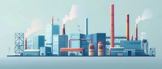 Obraz premium Digital illustration of a modern industrial factory with chimneys and buildings, emitting smoke against a blue sky.