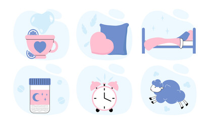 Stuff for sleep set. Mug with hot drink, sheep, clock, melatonin tablets and bed. Dreams and sleep. Rest and relax, recuperation. Linear vector collection