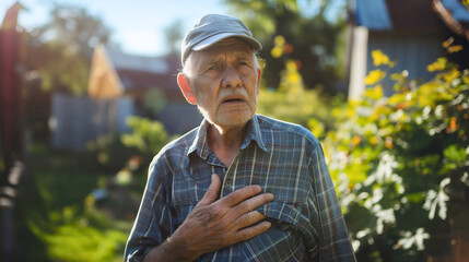 Old senior elderly aged male pensioner, grandma or Caucasian man heart attack stroke, summer heat, hot temperature and dehydration, chest, suffer, illness, weather, sunstroke