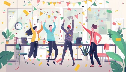 Happy office workers celebrating success with confetti and decorations in a modern office space. Joyful team spirit and corporate fun.