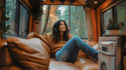 Obraz premium Happy smiling beautiful young woman sitting in campervan travel trailer interior, RV motorhome travel adventure, forest wilderness nature trip