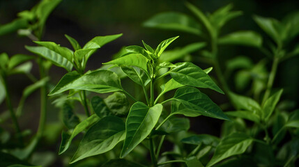 Fototapeta premium Closeup of pepper plant with green leaf leaves. Organic nature paprika healthy vegetable agriculture food growth, hot chili spice ingredient