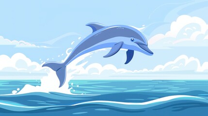 Illustration of a dolphin joyfully leaping out of the ocean, capturing the essence of marine life and oceanic beauty under the clear sky.